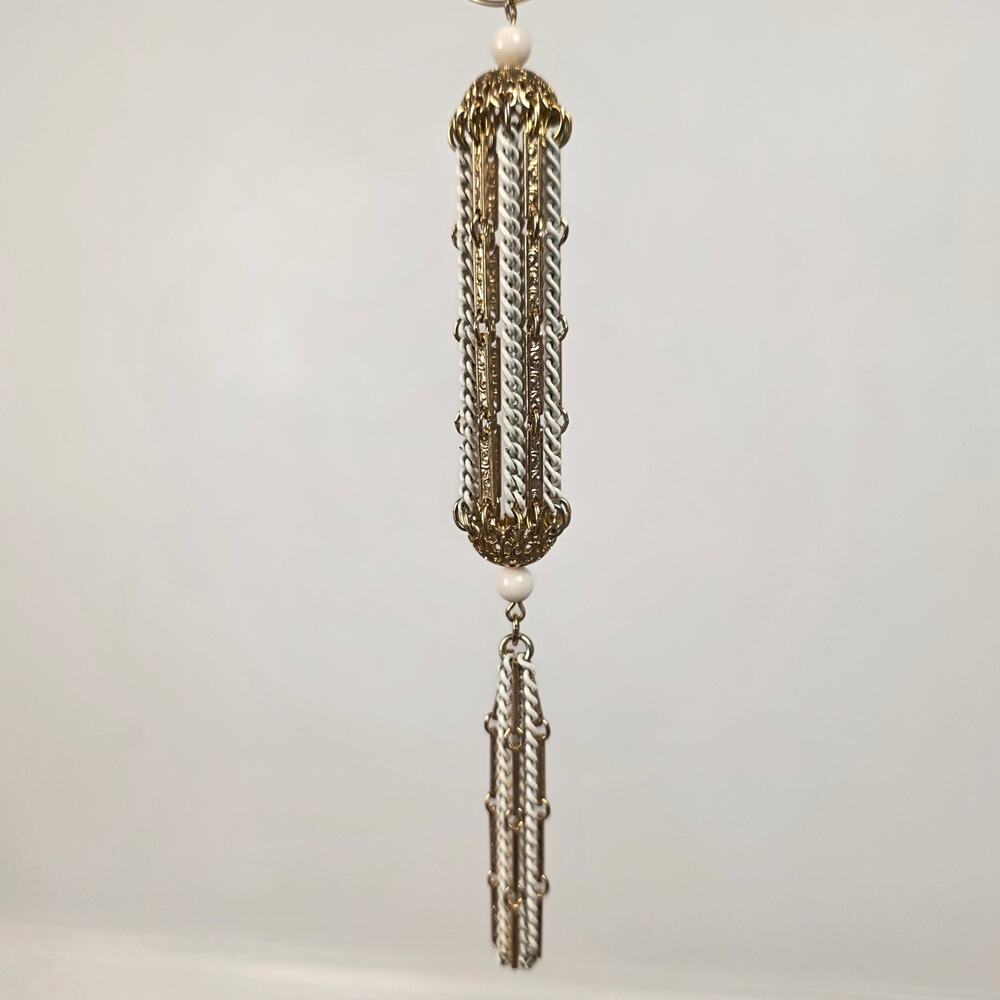 Vintage Mod White Enamel Gold Tone Tassel Pendant Necklace Statement Boho